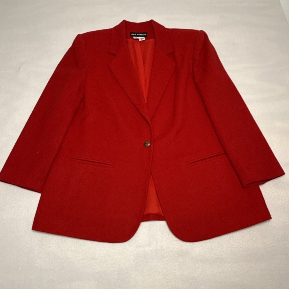 Sag Harbor 100% Wool Blazer Womens 14 Red One-Button V-Neck Collar Pocket Lined